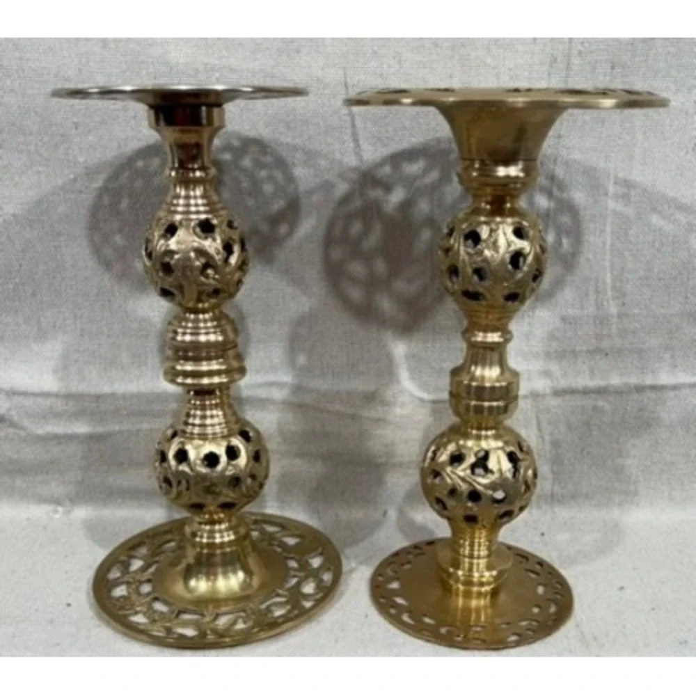 Vintage Brass Openwork Lattice Candlestick Holders Ornate Pierced Set of 2 9in